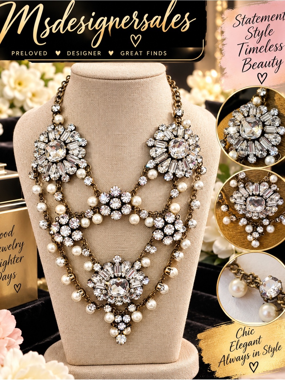 Statement Crystal & Pearl Multi-Strand Necklace - Gold Tone